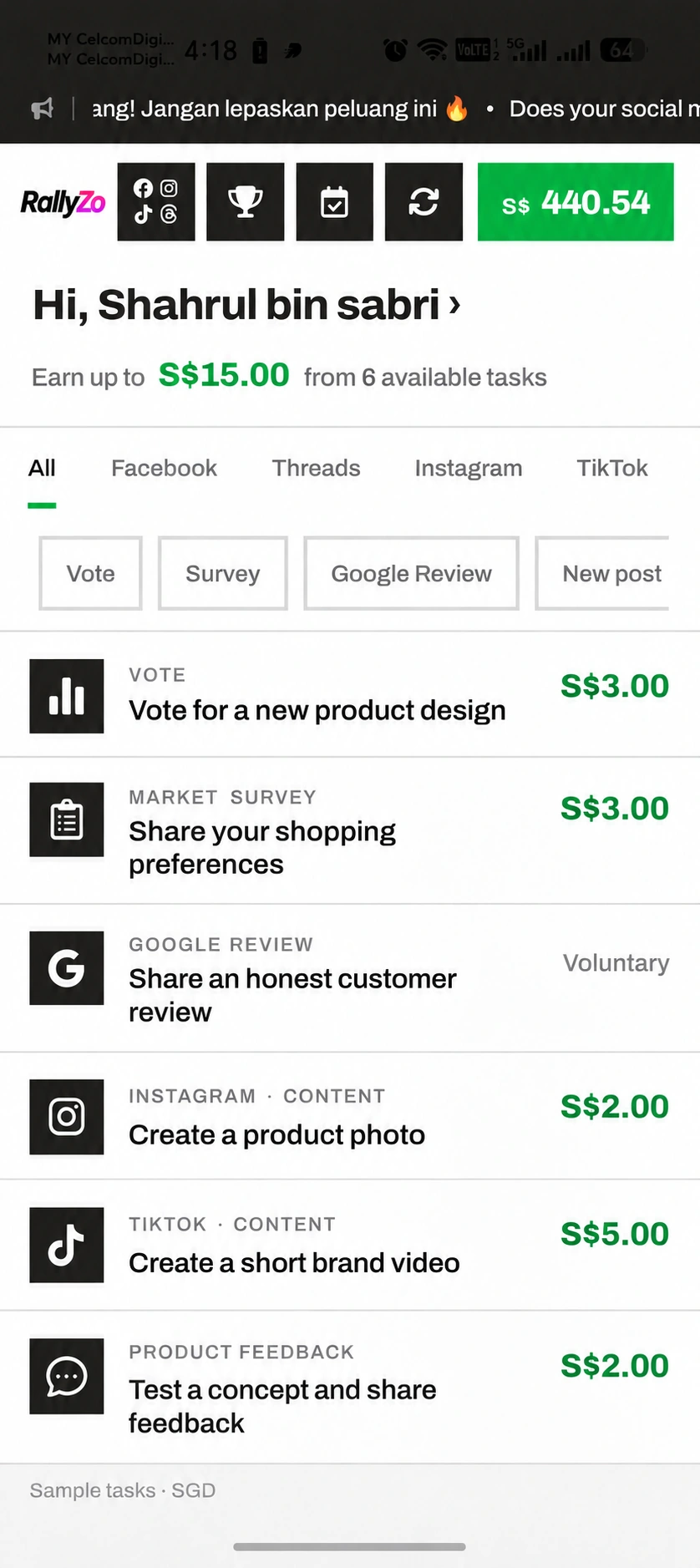 Sample RallyZo categories screen with S$3.00 survey and product-vote tasks, voluntary reviews and creator opportunities in Singapore dollars.